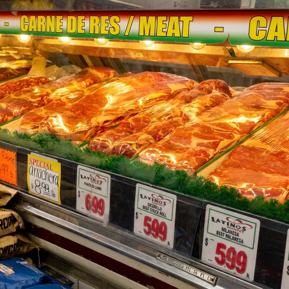 Latinos Markat meat counter showcasing various packaged raw beef cuts with price tags and charcoal.