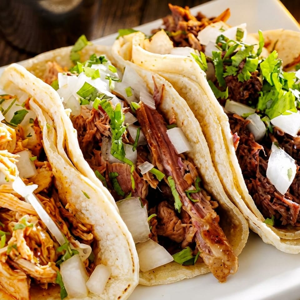 Three corn tortilla tacos filled with shredded chicken and beef, topped with fresh onions and cilantro.