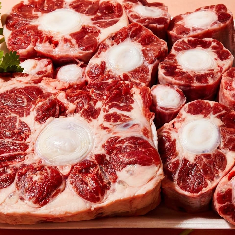 Raw oxtail pieces and beef shanks with fresh parsley on white trays.