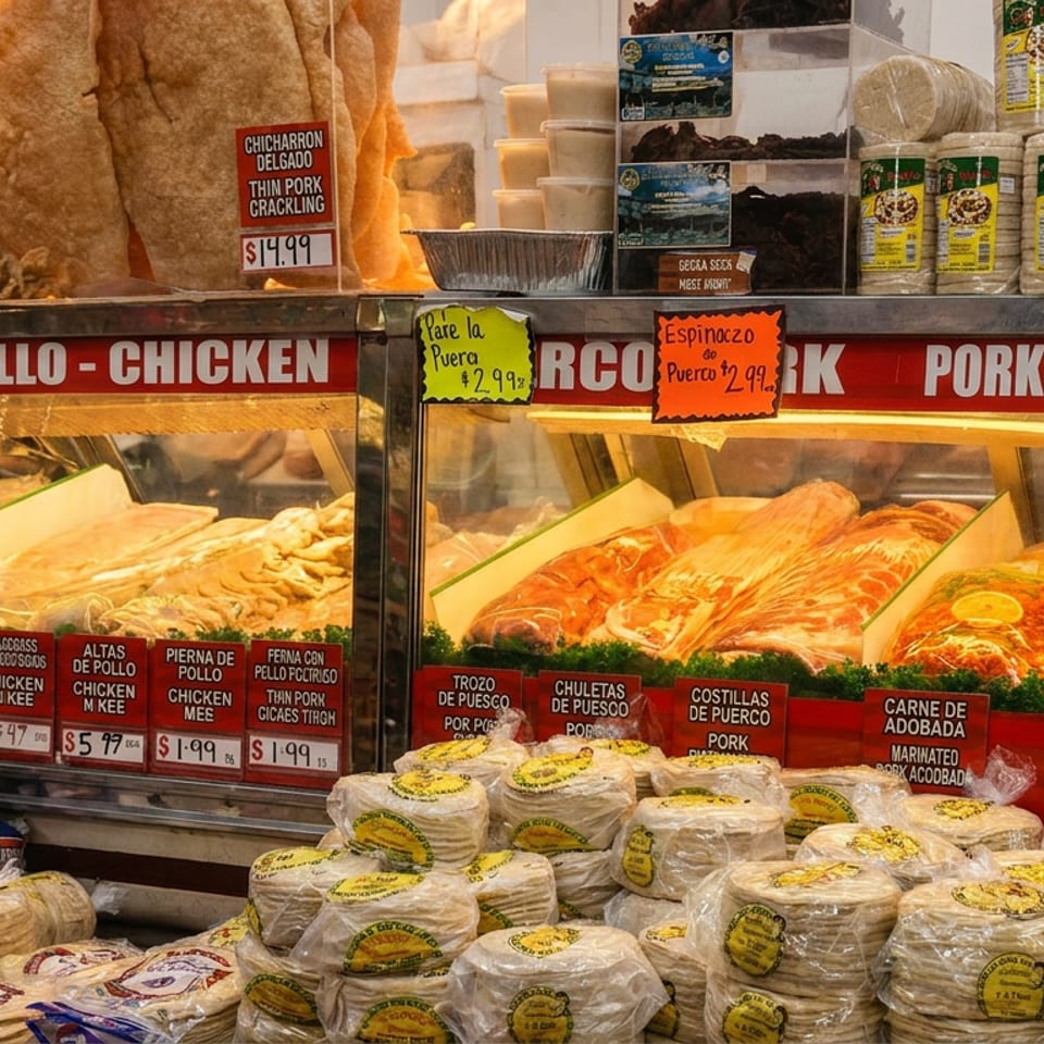 Latin American deli counter with prepared meats, large pork cracklings, and stacks of fresh tortillas.