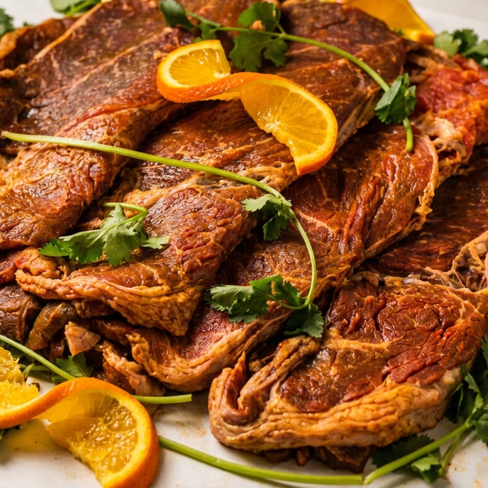 Marinated meat cuts garnished with fresh orange slices and cilantro.