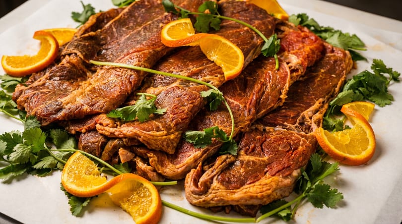 Marinated meat cuts garnished with fresh orange slices and cilantro.
