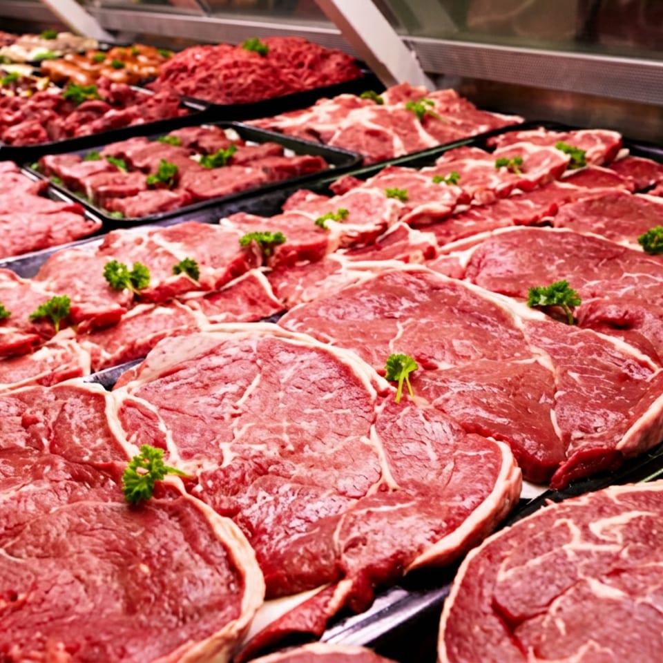 Various fresh red meat cuts, including steaks and ground beef, displayed in a refrigerated case with parsley.