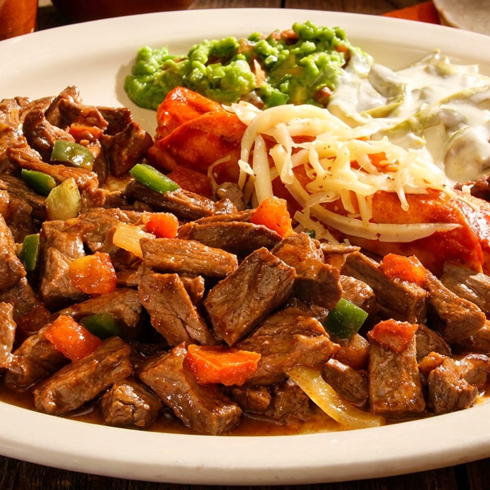 Mexican platter with beef stew, guacamole, rajas con crema, refried beans, and a cheese enchilada.